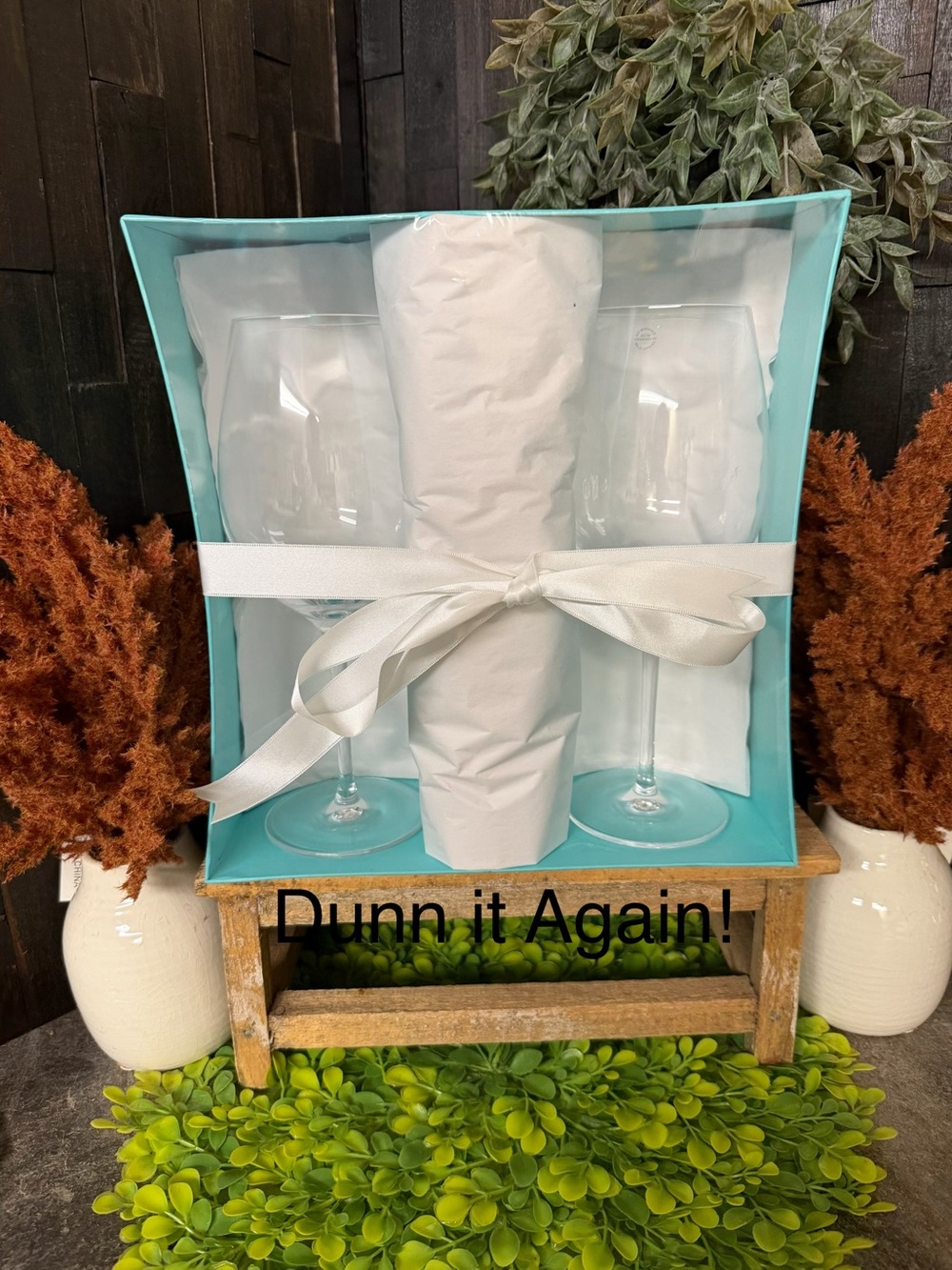 Tiffany & Co. Robin's Egg Blue Gift Box with White Ribbon and Clear Wine Glasses